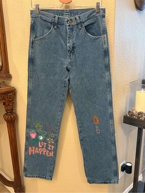 Vintage Rustler 'Let It Happen' Hand Painted Graphic Blue Jeans Size 30